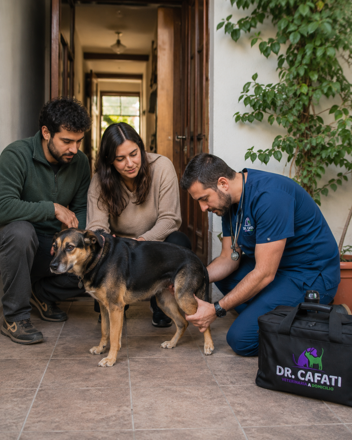 Atención veterinaria a domicilio Cafati Veterinario del equipo Cafati examinando la pata trasera de un perro a domicilio junto a sus tutores