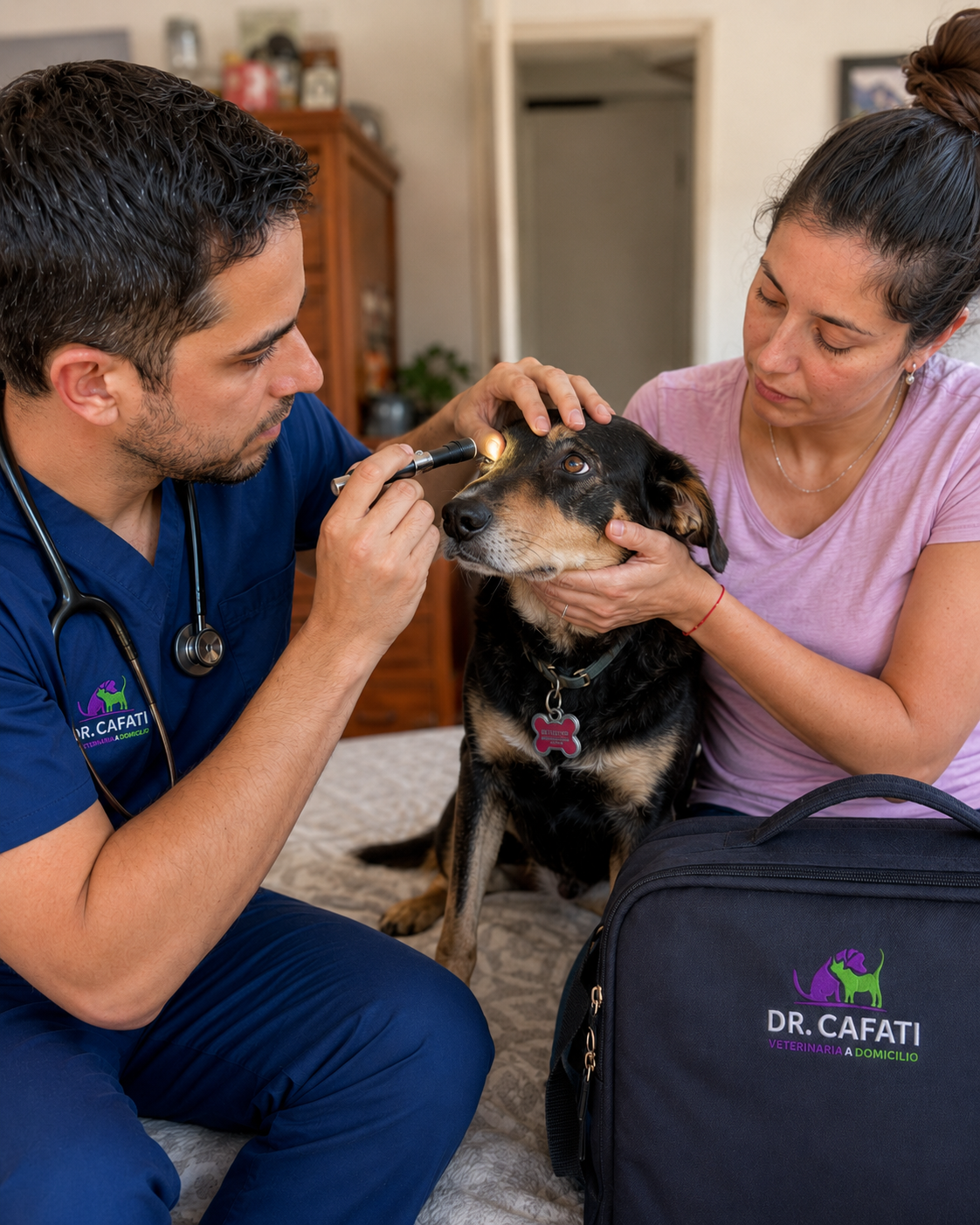 Veterinario del equipo Cafati evaluando a un perro a domicilio con maletín de atención