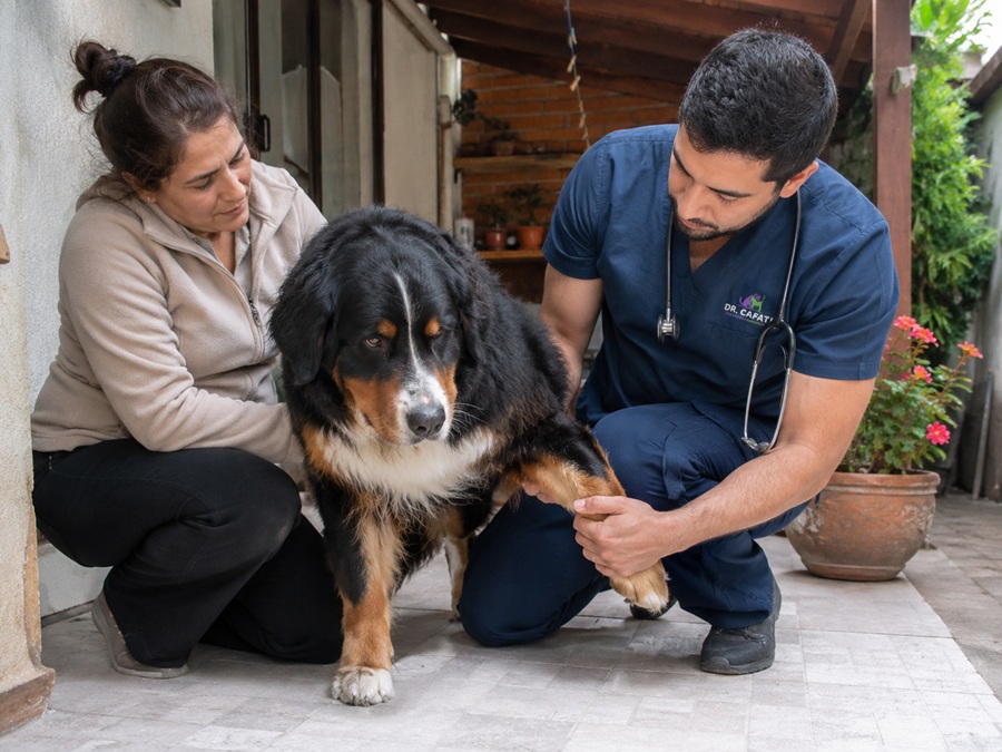 Evaluación traumatológica veterinaria Cafati Veterinario del equipo Cafati examinando la pata de un perro en presencia de su tutora